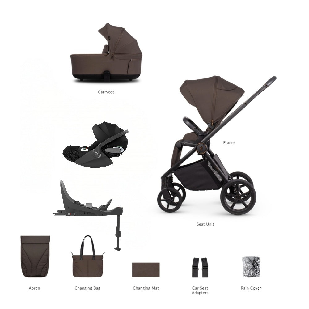 Venicci Claro 2 travel system in chocolate brown with cybex cloud t car seat and isofix base.