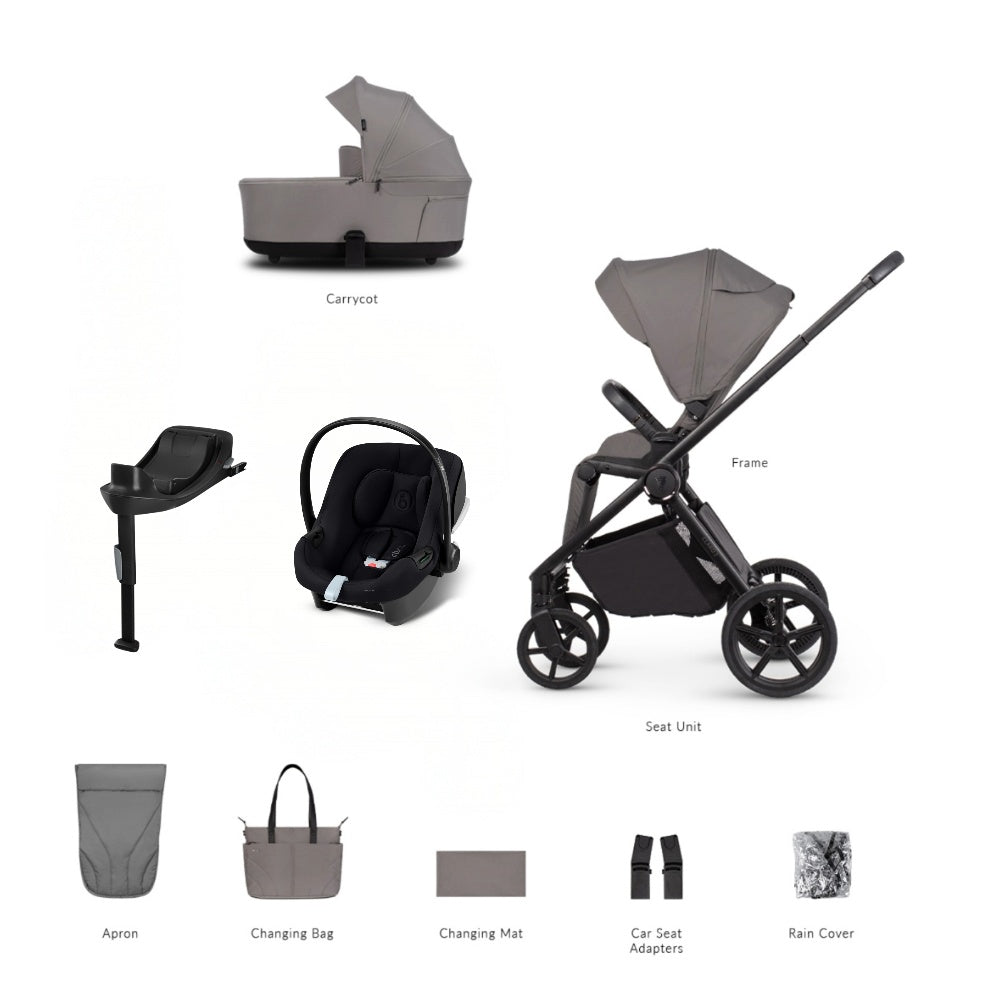 Venicci Claro 2 travel system in fog grey with cybex aton B2 car seat and isofix base.