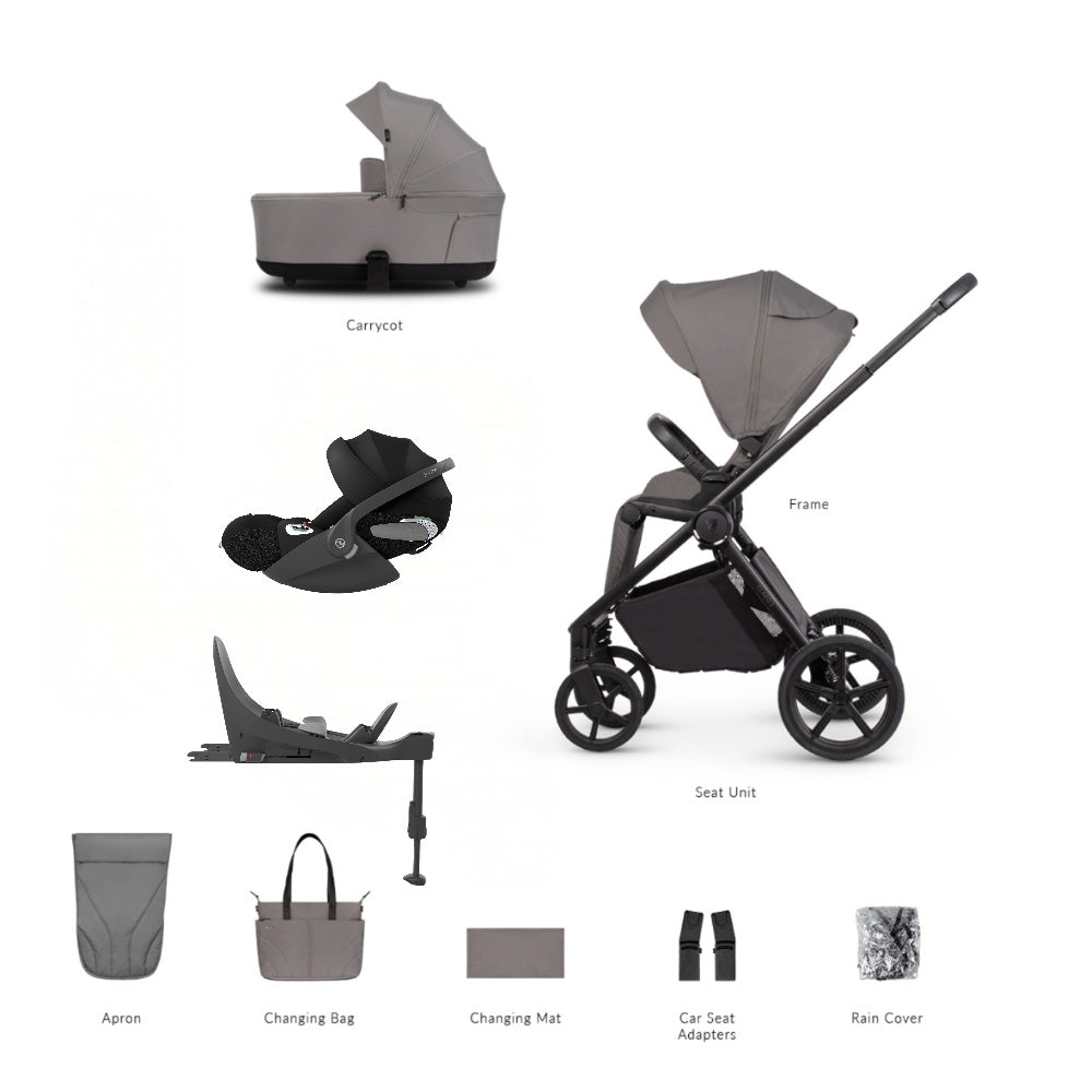 Venicci Claro 2 travel system in fog grey with cybex cloud t car seat and isofix base.