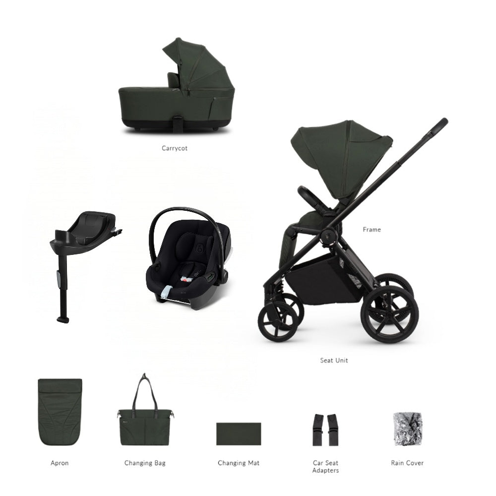 Venicci Claro 2 travel system in forest green with cybex aton B2 car seat and isofix base.