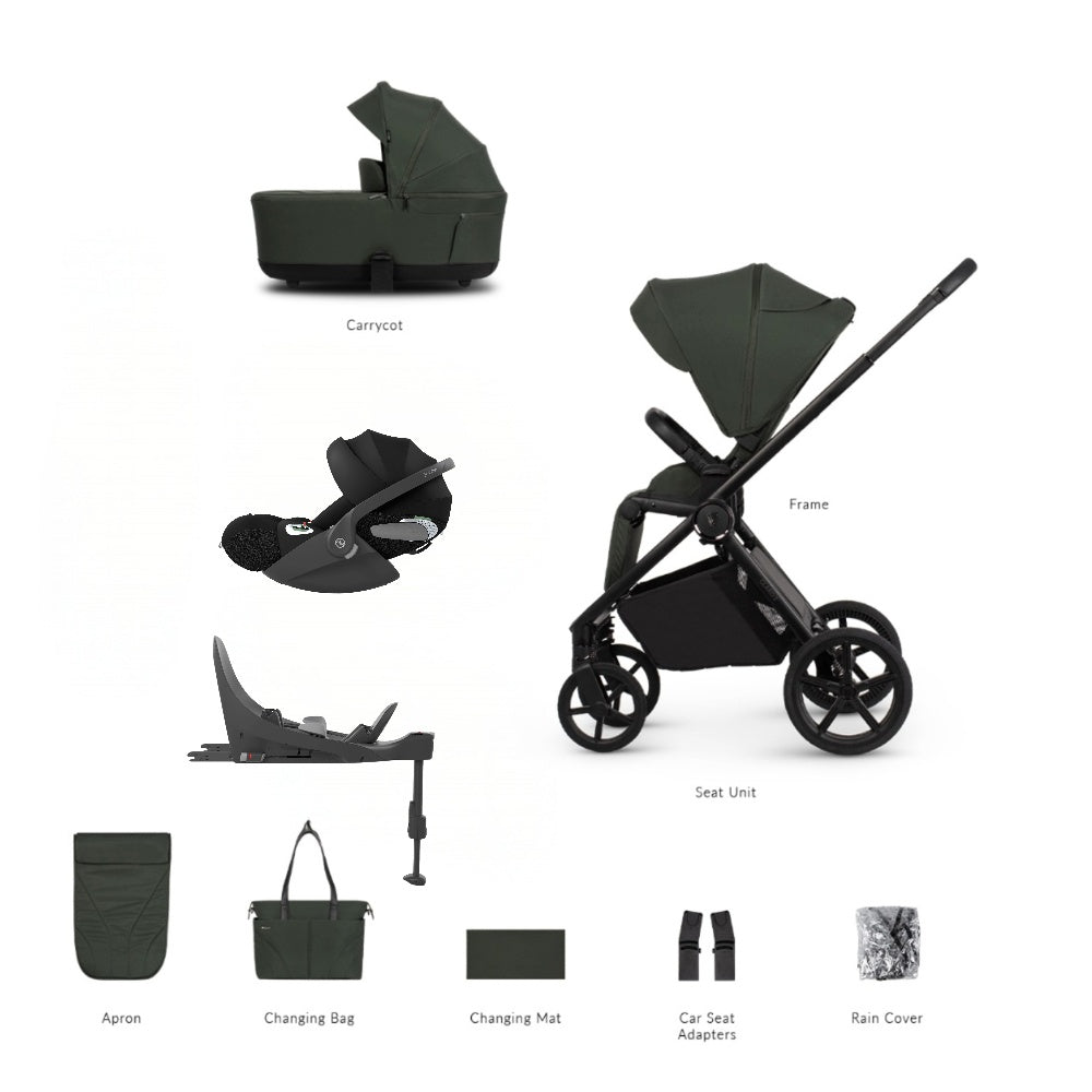 Venicci Claro 2 travel system in forest green with cybex cloud t car seat and isofix base.