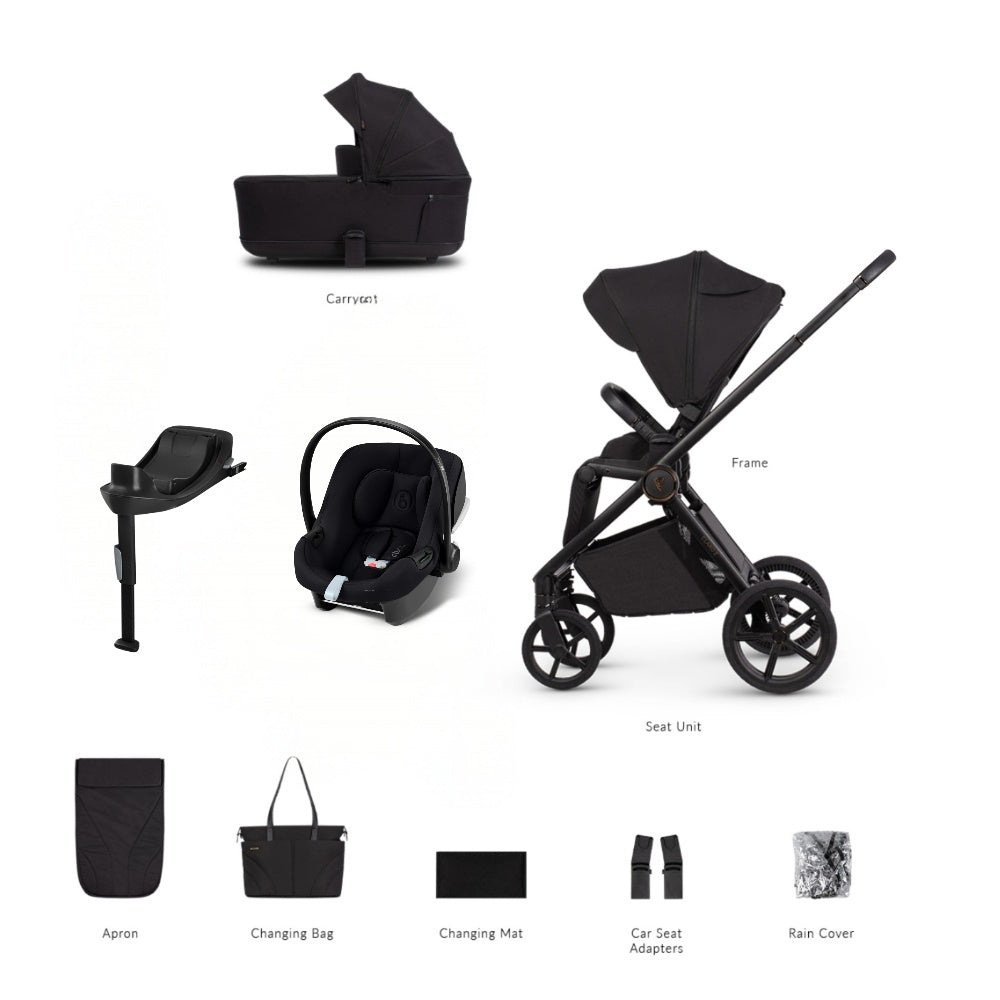 Venicci Claro 2 travel system in black noir with cybex aton B2 car seat and isofix base.