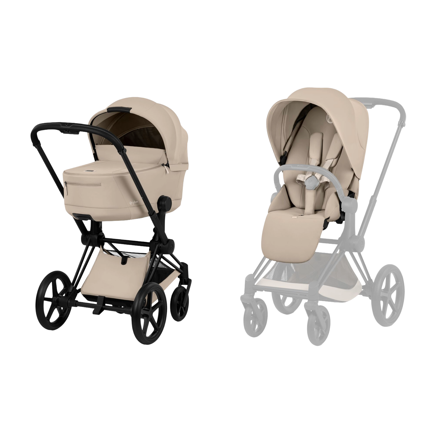 Cybex Priam Pushchair & carrycot in Cozy Beige colourway, complete with all babies essential including car seat, tripp trapp highchair, crib and bath.