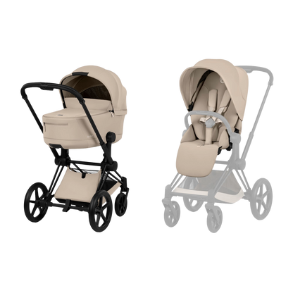 Cybex Priam Pushchair & carrycot in Cozy Beige colourway, complete with all babies essential including car seat, tripp trapp highchair, crib and bath.