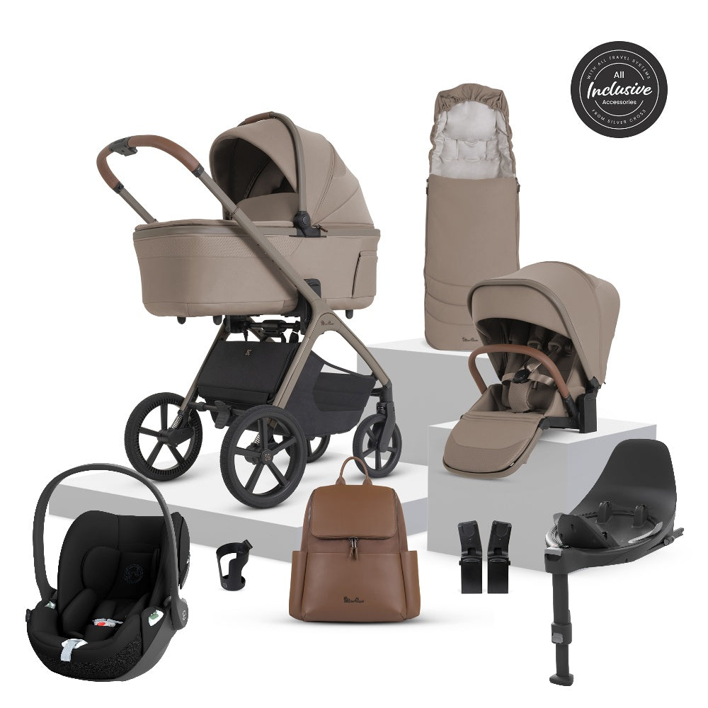 Silver Cross Cove 2 travel system in champagne beige including cloud t car seat and isofix base.