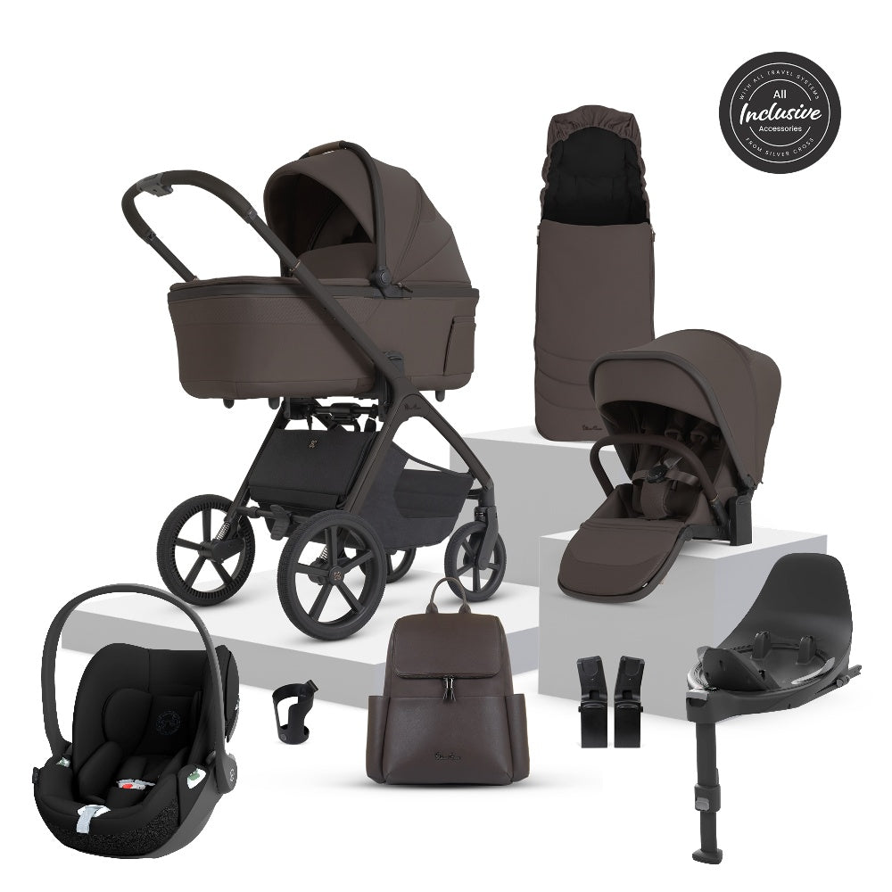 Silver Cross Cove 2 travel system in chocolate brown including cloud t car seat and isofix base.