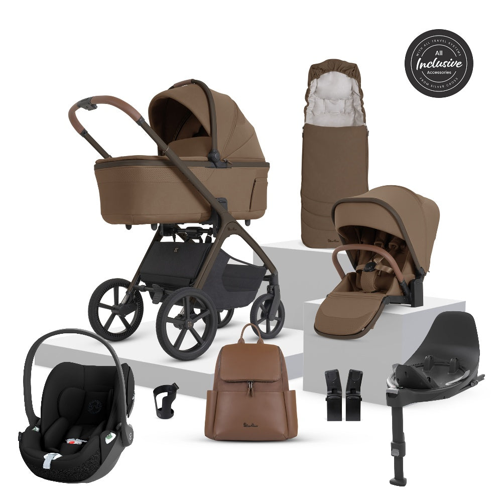Silver Cross Cove 2 travel system in maple brown including cloud t car seat and isofix base.