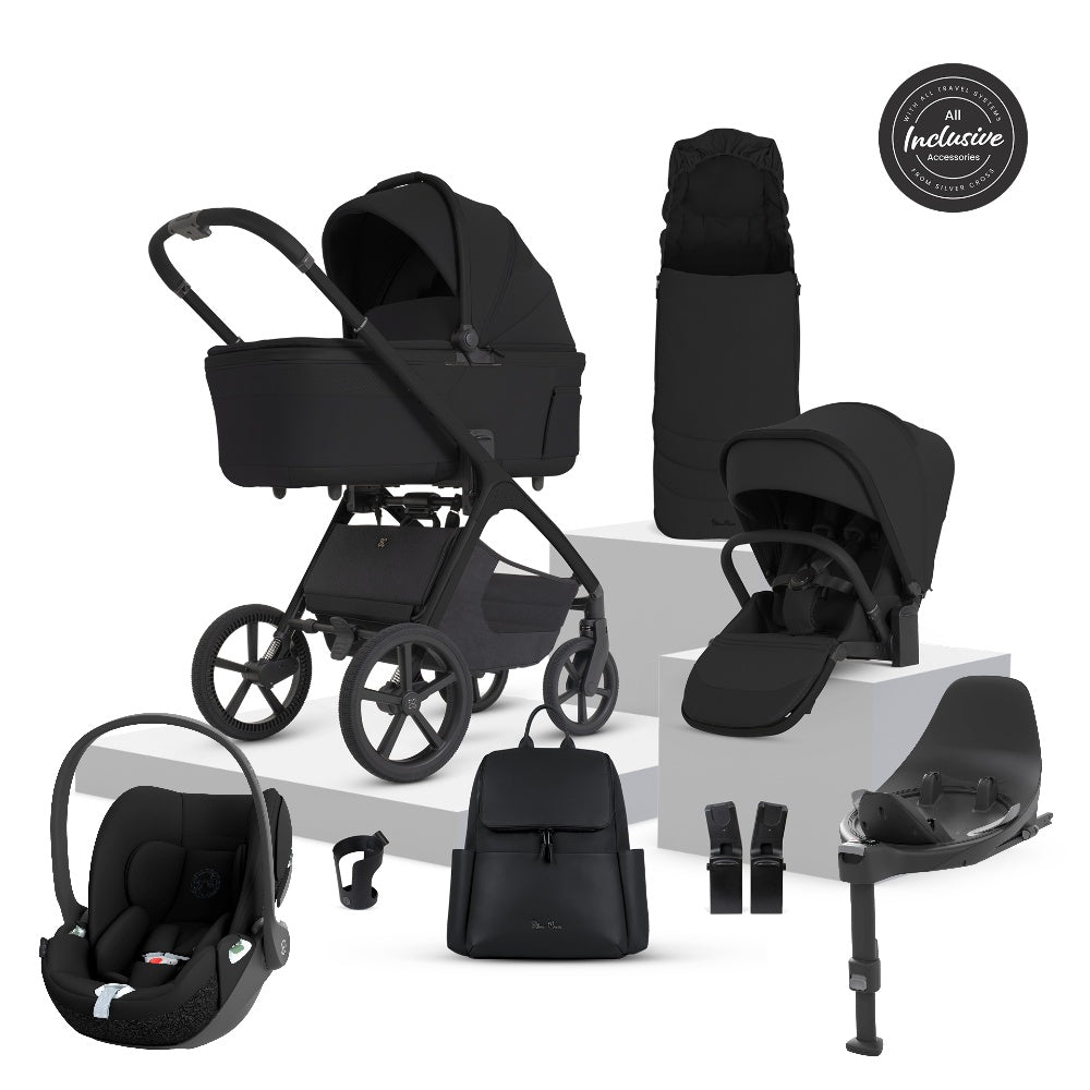 Silver Cross Cove 2 travel system in onyx black including cloud t car seat and isofix base.