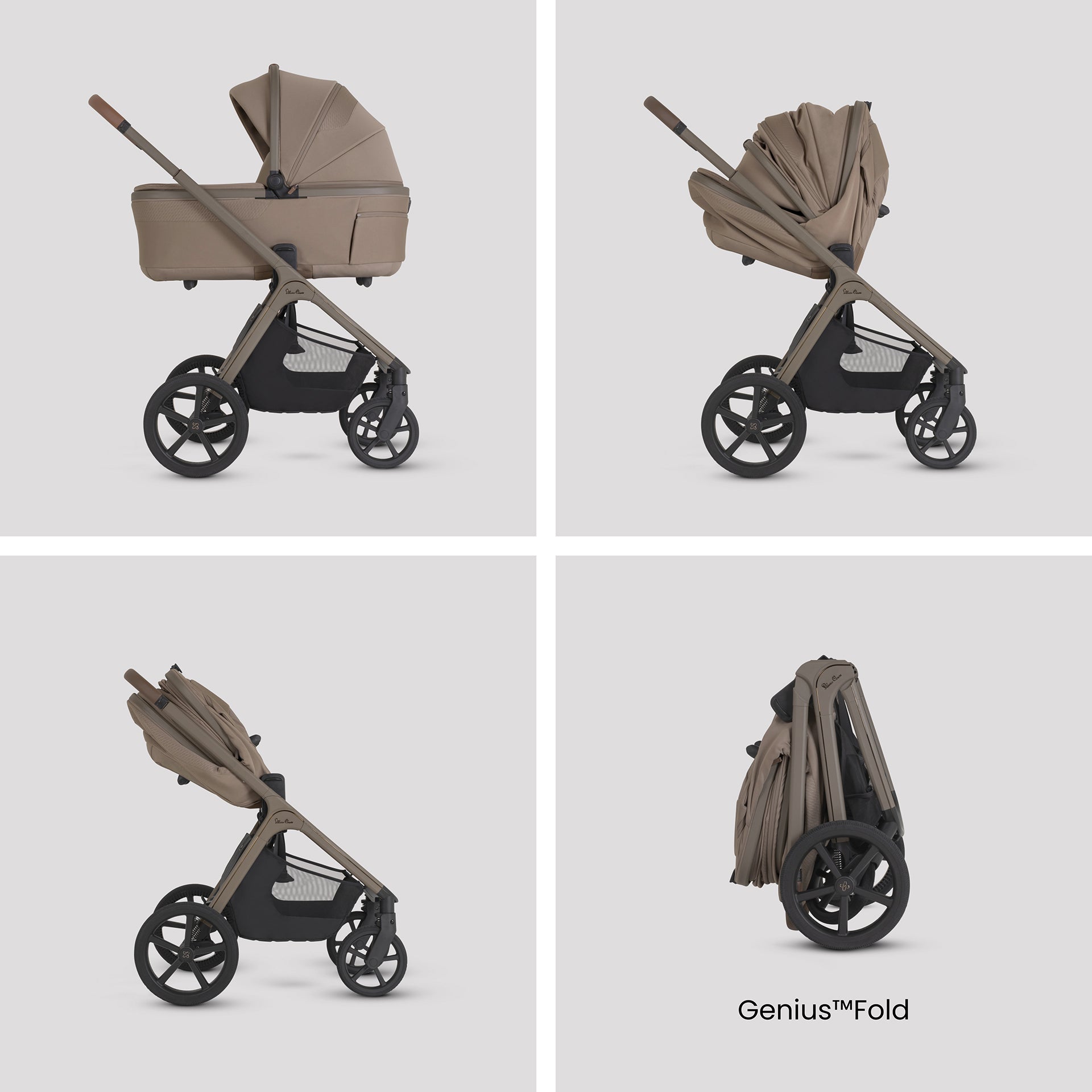 A multi-item silver cross cove 2 travel system set displayed on white pedestals against a white background. The set includes a beige and black stroller, a matching bassinet, a seat, a car seat, a footmuff, a travel bag, a baby backpack, and accessories.