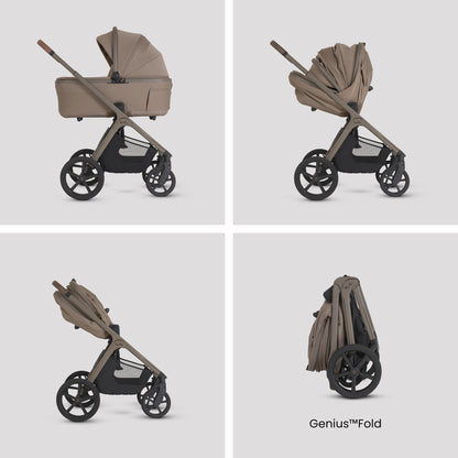 A multi-item silver cross cove 2 travel system set displayed on white pedestals against a white background. The set includes a beige and black stroller, a matching bassinet, a seat, a car seat, a footmuff, a travel bag, a baby backpack, and accessories.