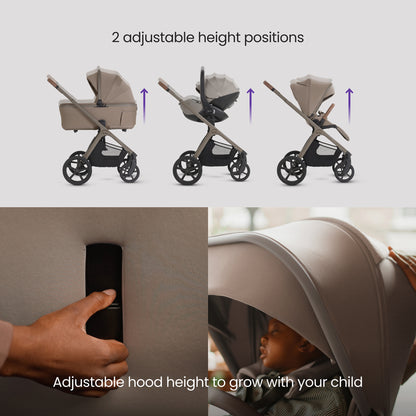 A multi-item silver cross cove 2 travel system set displayed on white pedestals against a white background. The set includes a beige and black stroller, a matching bassinet, a seat, a car seat, a footmuff, a travel bag, a baby backpack, and accessories.