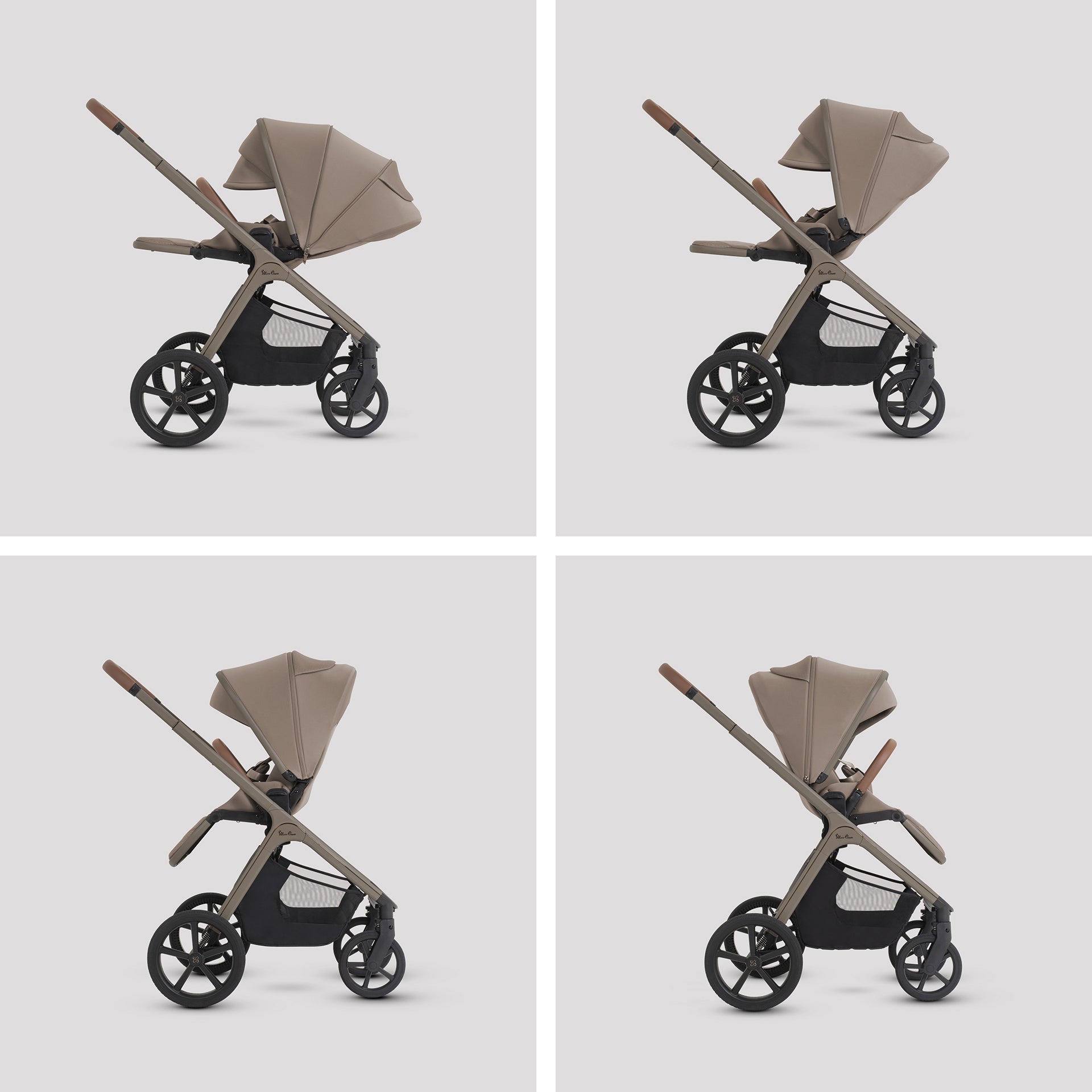 A multi-item silver cross cove 2 travel system set displayed on white pedestals against a white background. The set includes a beige and black stroller, a matching bassinet, a seat, a car seat, a footmuff, a travel bag, a baby backpack, and accessories.