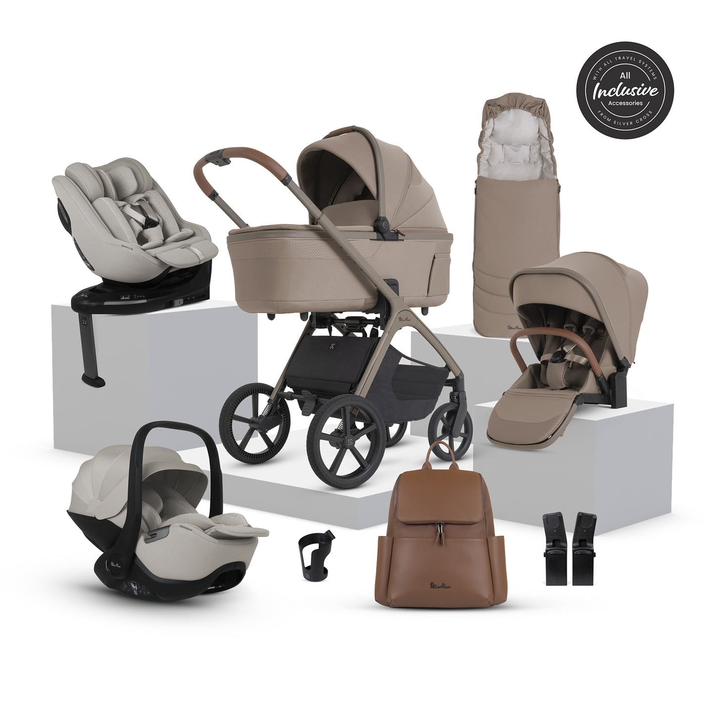 Silver cross cove 2 travel system in beige with next stage car seat in taupe.