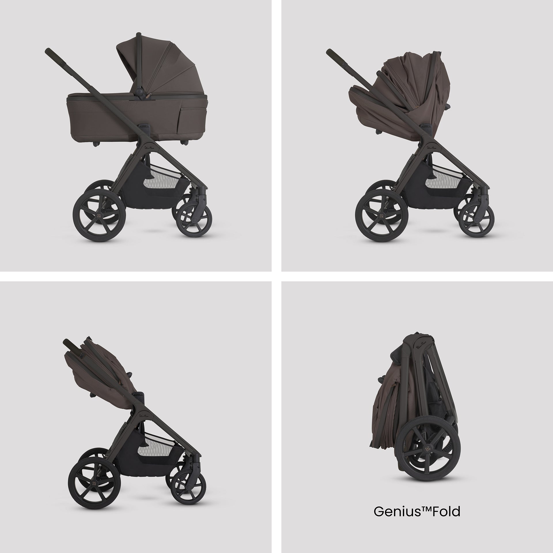 A multi-piece silver cross cove 2 travel system set in dark brown and black, displayed on white pedestals against a white background. The set includes a stroller, bassinet, car seat, infant seat, stroller cover, backpack, car seat belt, and a circular 'All Inclusive Set' badge.