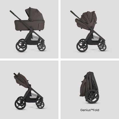 A multi-piece silver cross cove 2 travel system set in dark brown and black, displayed on white pedestals against a white background. The set includes a stroller, bassinet, car seat, infant seat, stroller cover, backpack, car seat belt, and a circular 'All Inclusive Set' badge.