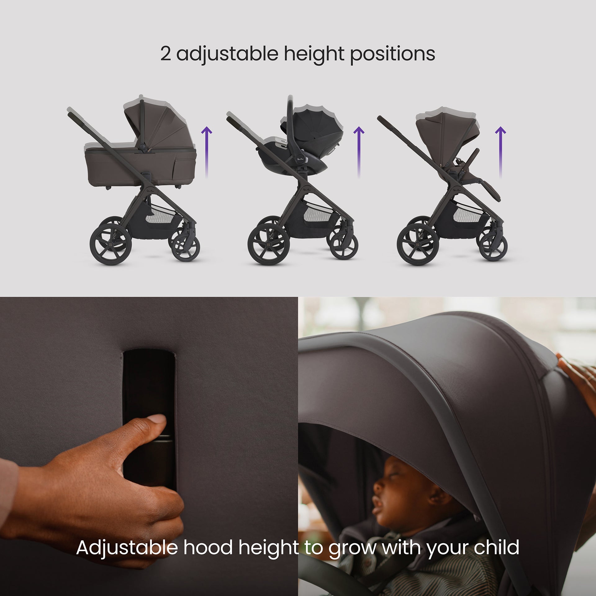 A multi-piece silver cross cove 2 travel system set in dark brown and black, displayed on white pedestals against a white background. The set includes a stroller, bassinet, car seat, infant seat, stroller cover, backpack, car seat belt, and a circular 'All Inclusive Set' badge.