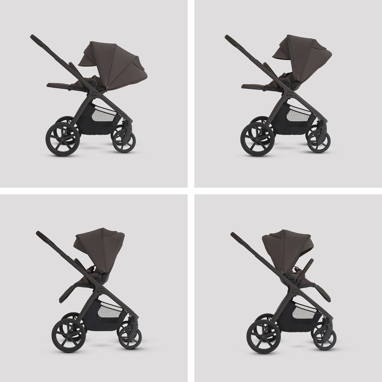 A multi-piece silver cross cove 2 travel system set in dark brown and black, displayed on white pedestals against a white background. The set includes a stroller, bassinet, car seat, infant seat, stroller cover, backpack, car seat belt, and a circular 'All Inclusive Set' badge.