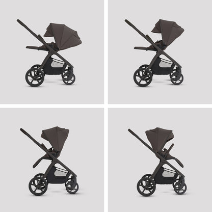 A multi-piece silver cross cove 2 travel system set in dark brown and black, displayed on white pedestals against a white background. The set includes a stroller, bassinet, car seat, infant seat, stroller cover, backpack, car seat belt, and a circular 'All Inclusive Set' badge.