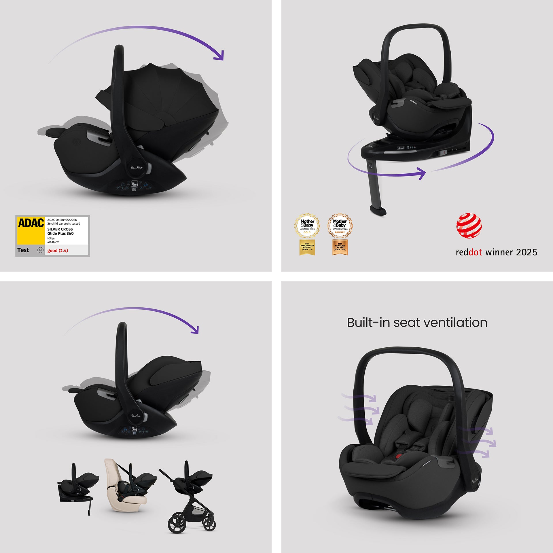 A multi-piece silver cross cove 2 travel system set in dark brown and black, displayed on white pedestals against a white background. The set includes a stroller, bassinet, car seat, infant seat, stroller cover, backpack, car seat belt, and a circular 'All Inclusive Set' badge.