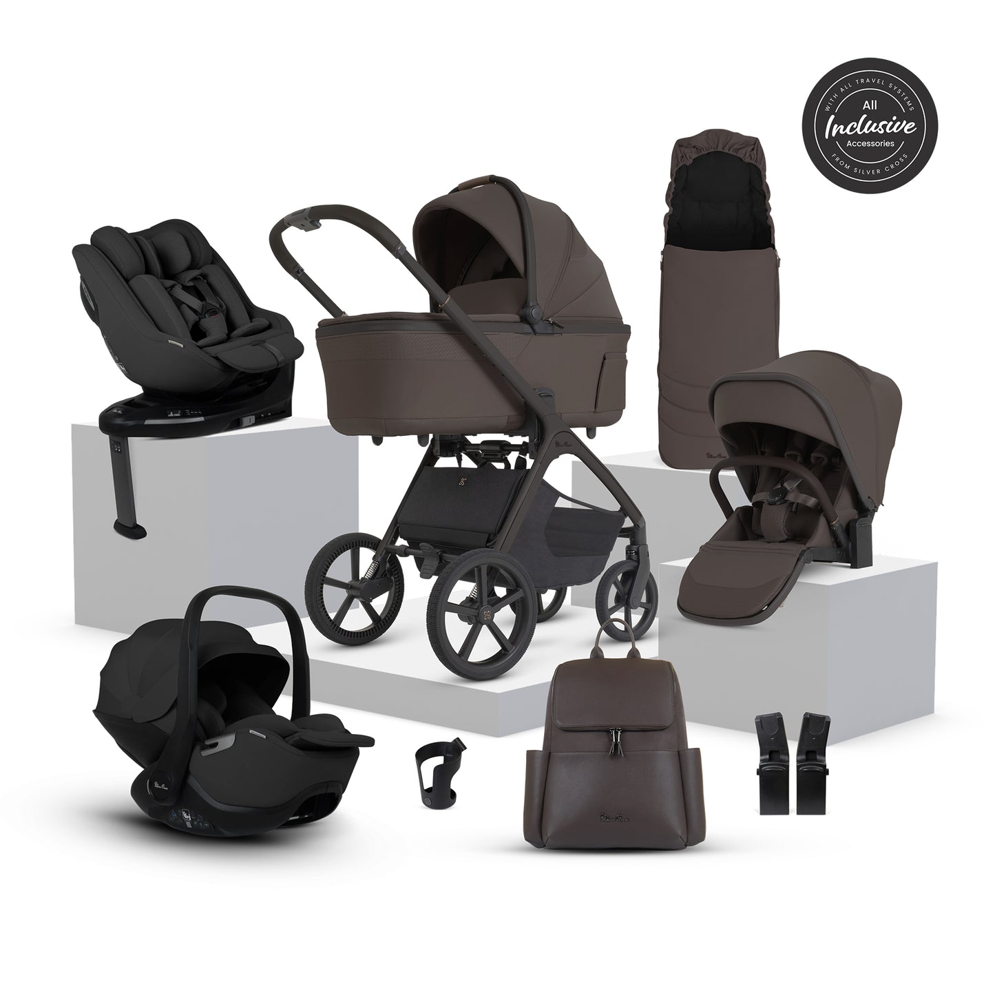 Silver cross cove 2 travel system in chocolate brown with next stage car seat in black.