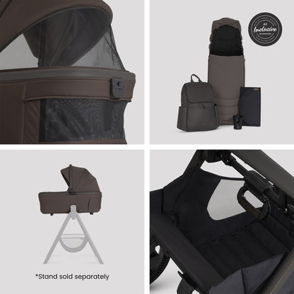 Silver cross cove 2 travel system in chocolate brown with next stage car seat in black.