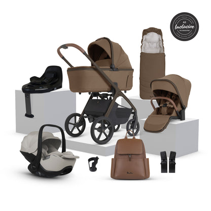A multi-piece silver cross cove 2 travel system set in taupe brown and black, displayed on white pedestals against a white background. The set includes a stroller, bassinet, car seat in taupe, infant seat, footmuff, backpack, car seat liner, and accessories.