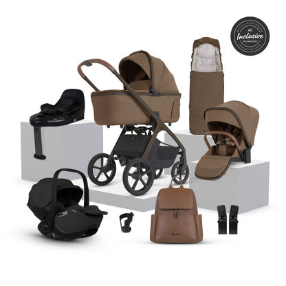 A multi-item silver cross cove 2 travel system set in brown and black, displayed on white pedestals against a white background. The set includes a stroller, bassinet, car seat in black, infant car seat, footmuff, bassinet cover, backpack, harness, and a circular 'All Inclusive Set' badge.