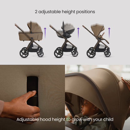 A multi-piece silver cross cove 2 travel system set in taupe brown and black, displayed on white pedestals against a white background. The set includes a stroller, bassinet, car seat in taupe, infant seat, footmuff, backpack, car seat liner, and accessories.