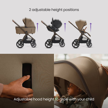 A multi-item silver cross cove 2 travel system set in brown and black, displayed on white pedestals against a white background. The set includes a stroller, bassinet, car seat in black, infant car seat, footmuff, bassinet cover, backpack, harness, and a circular 'All Inclusive Set' badge.