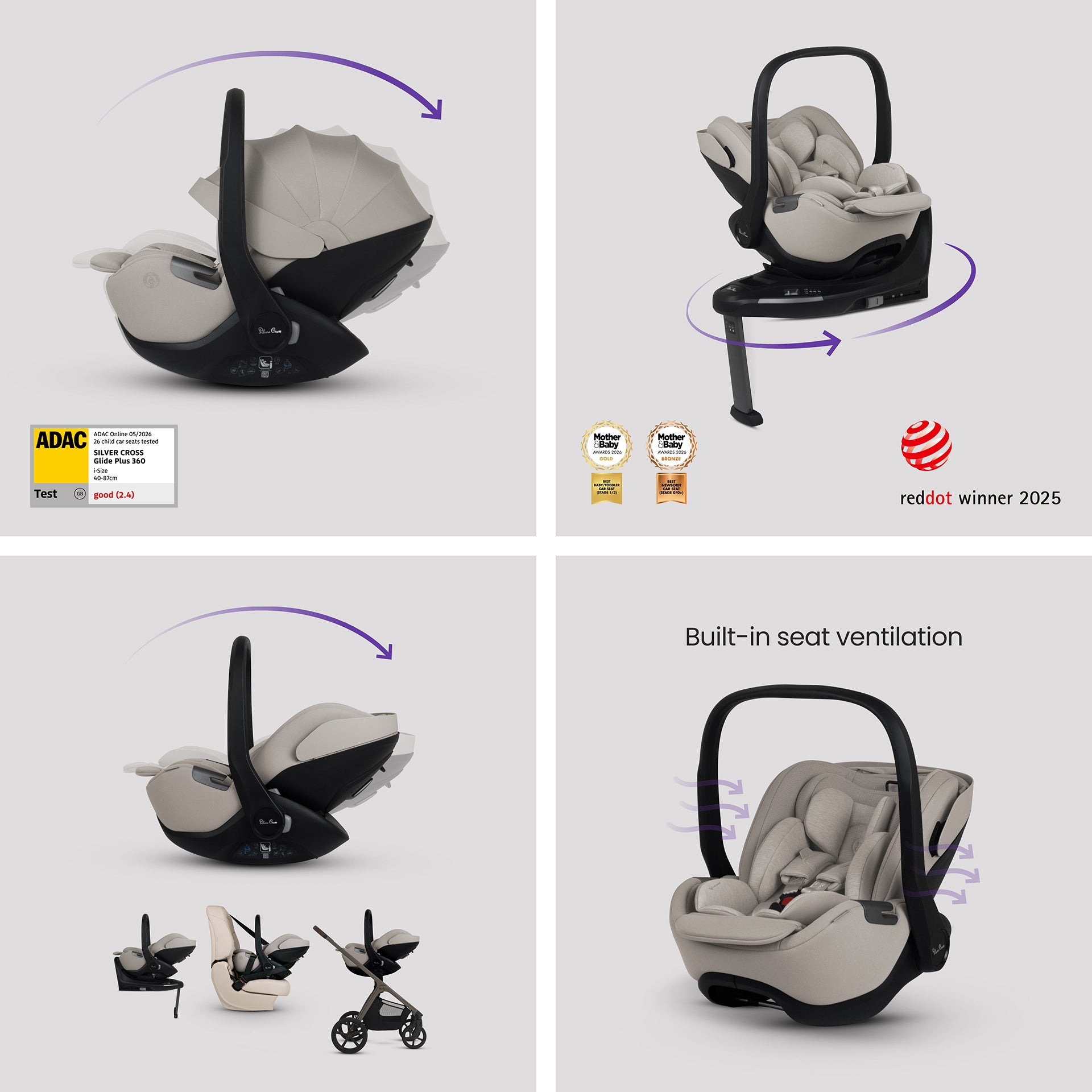 A multi-piece silver cross cove 2 travel system set in taupe brown and black, displayed on white pedestals against a white background. The set includes a stroller, bassinet, car seat in taupe, infant seat, footmuff, backpack, car seat liner, and accessories.