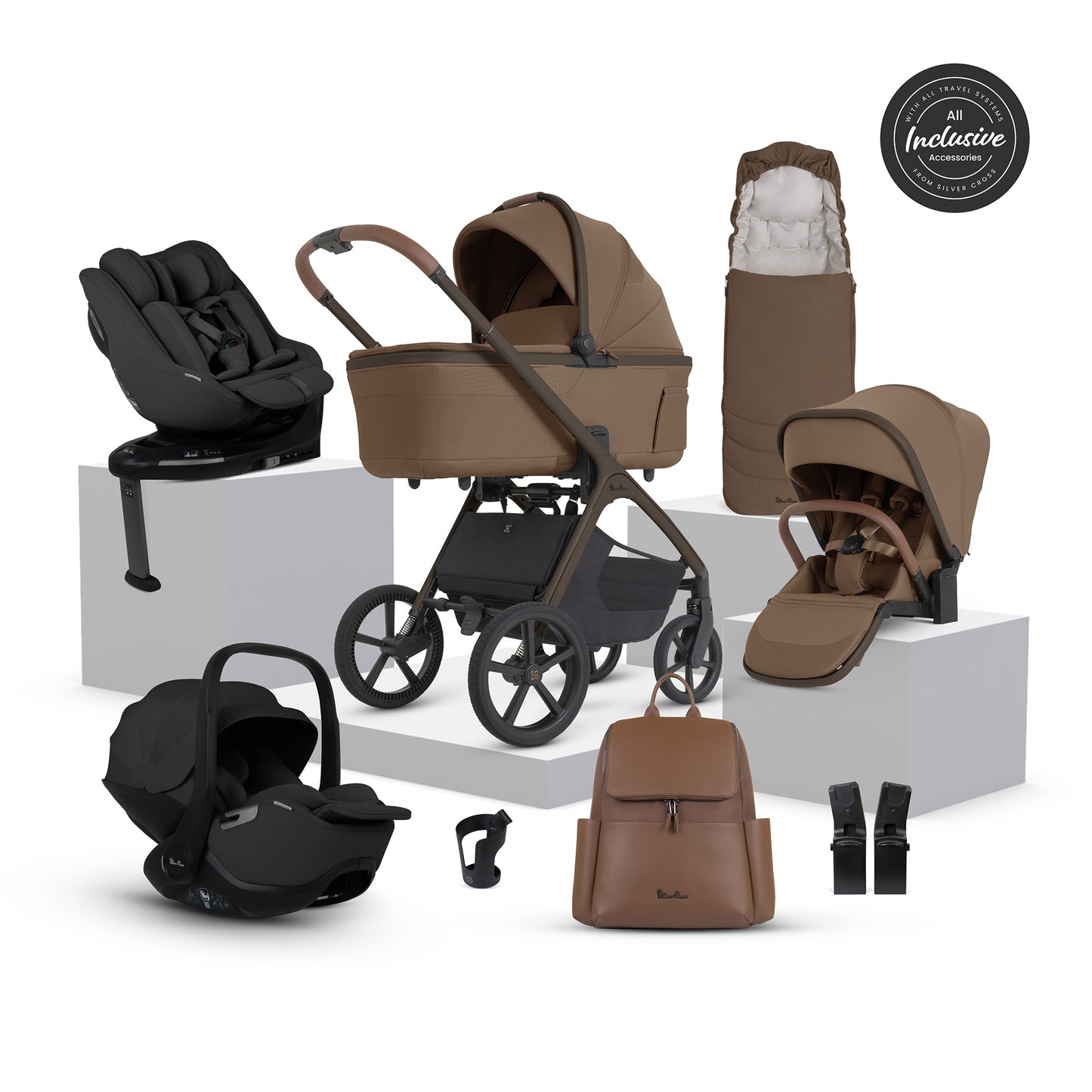 Silver cross cove 2 travel system in maple brown with next stage car seat in black.