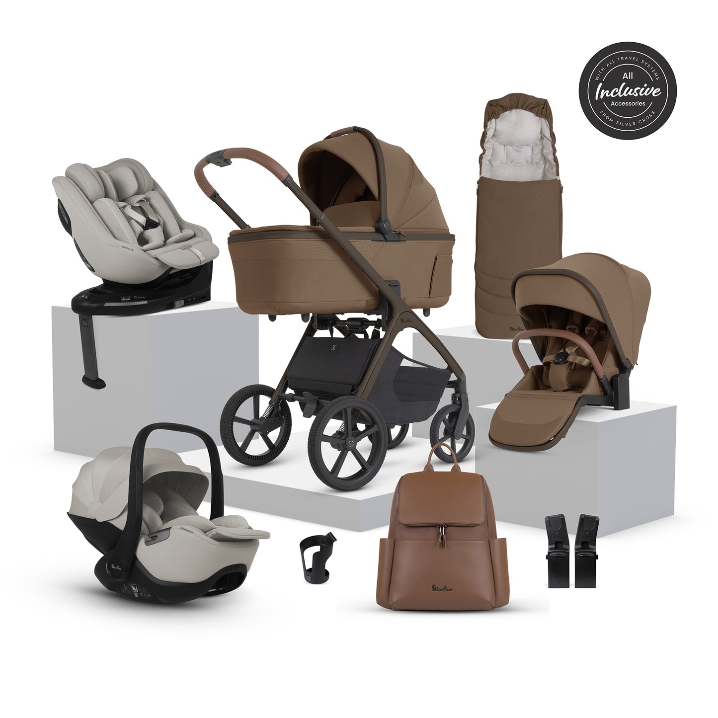 Silver cross cove 2 travel system in maple brown with next stage car seat in taupe.