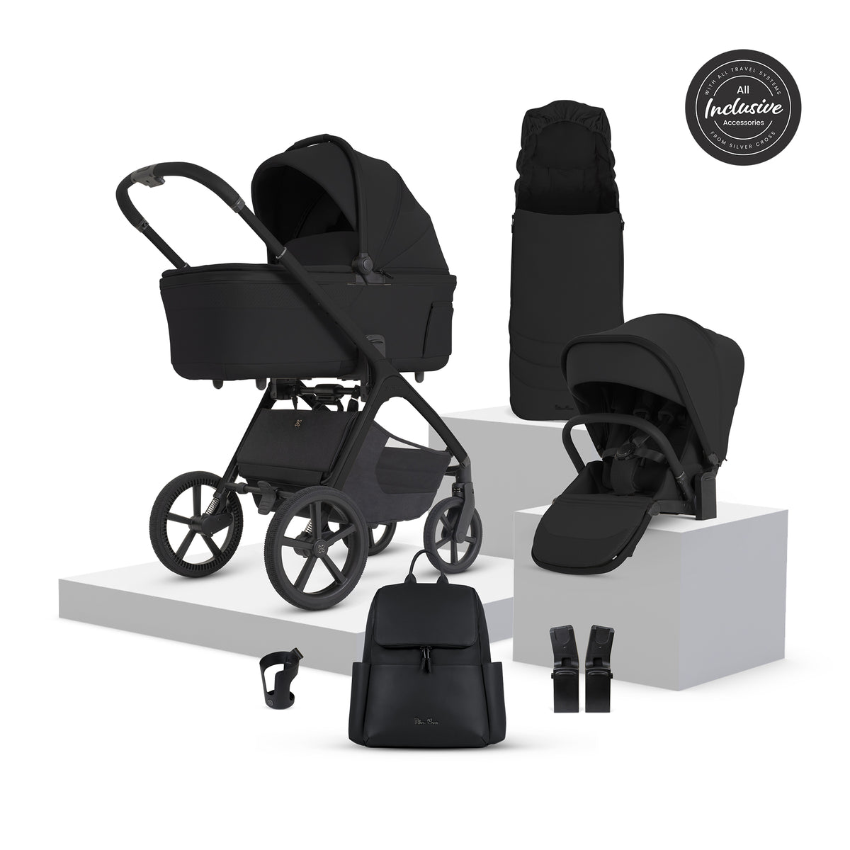 Silver Cross travel system in onyx black colour with matching accessories, complete with cloud S car seat and base, along with high chair, crib and bathing accessories.