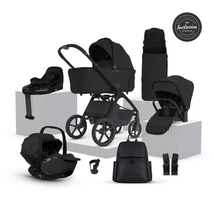 A multi-piece silver cross cove 2 travel system in matte black, displayed on white pedestals against a white background. The set includes a stroller, bassinet, car seat in black, infant seat, footmuff, backpack, and accessories, with an 'All Inclusive' badge in the top right corner.