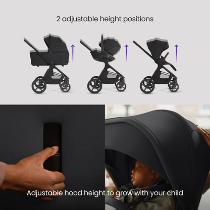 A multi-piece silver cross cove 2 travel system in matte black, displayed on white pedestals against a white background. The set includes a stroller, bassinet, car seat in black, infant seat, footmuff, backpack, and accessories, with an 'All Inclusive' badge in the top right corner.