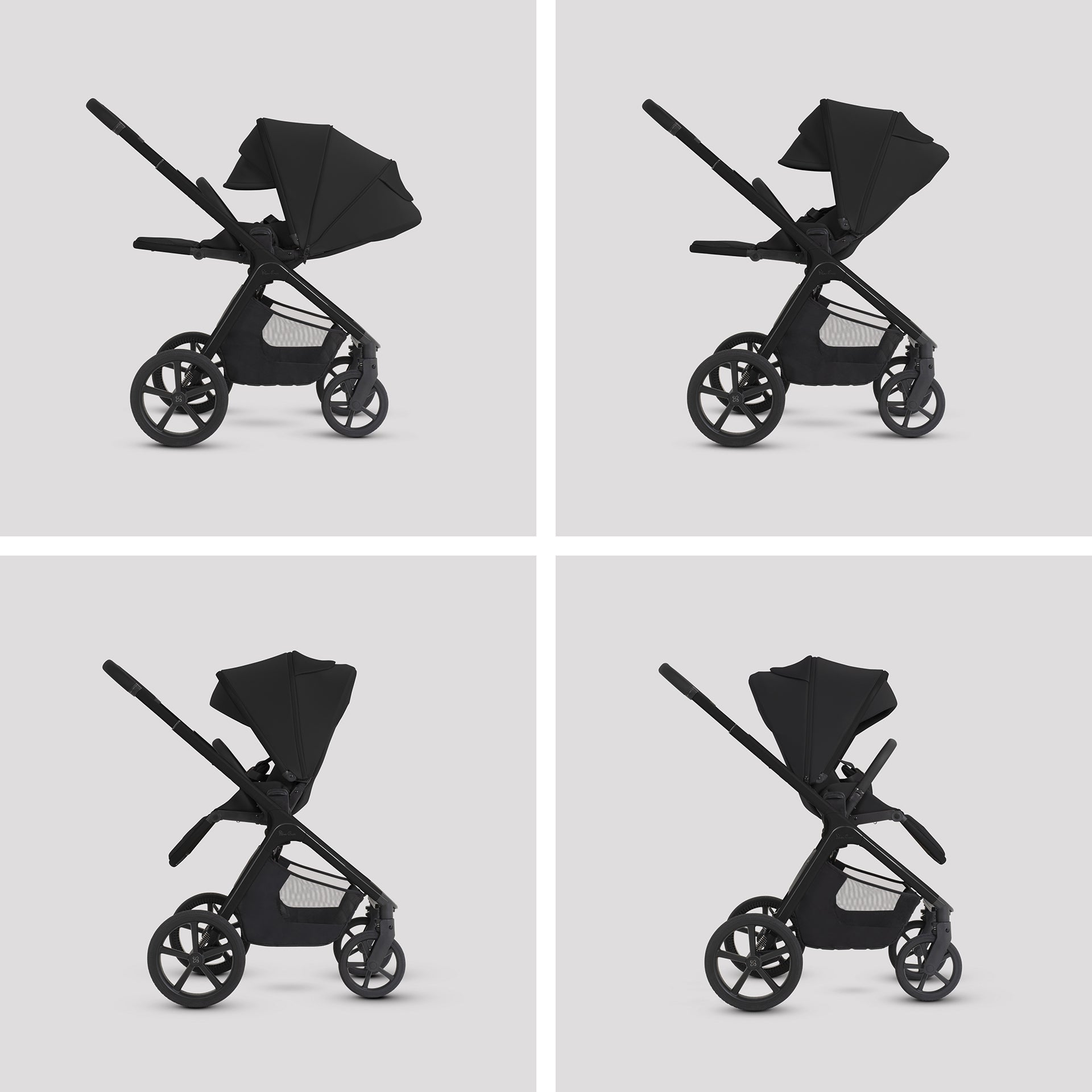 A multi-piece silver cross cove 2 travel system in matte black, displayed on white pedestals against a white background. The set includes a stroller, bassinet, car seat in black, infant seat, footmuff, backpack, and accessories, with an 'All Inclusive' badge in the top right corner.