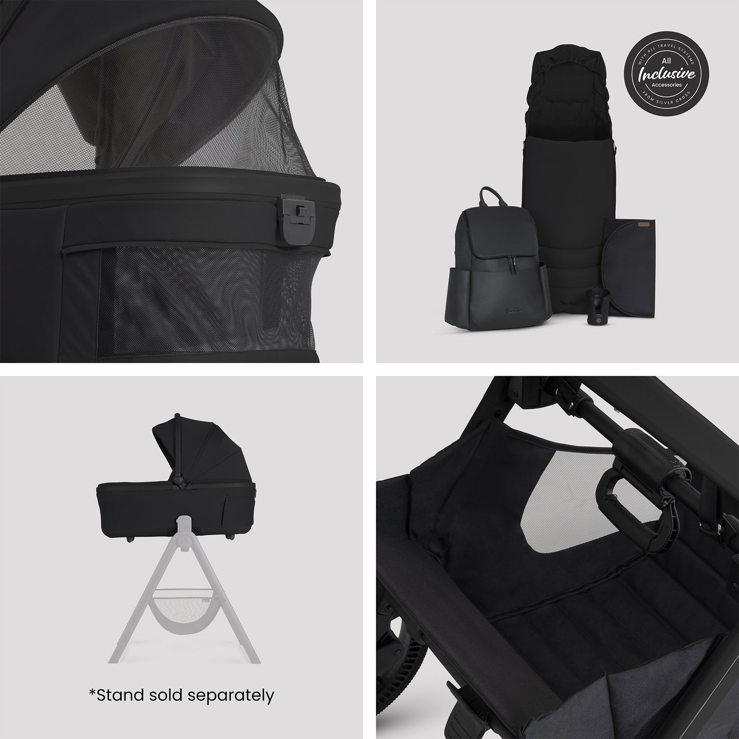 A multi-piece silver cross cove 2 travel system in matte black, displayed on white pedestals against a white background. The set includes a stroller, bassinet, car seat in black, infant seat, footmuff, backpack, and accessories, with an 'All Inclusive' badge in the top right corner.