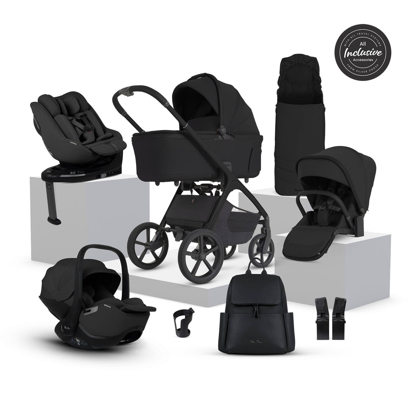 Silver cross cove 2 travel system in onyx black with next stage car seat in black.