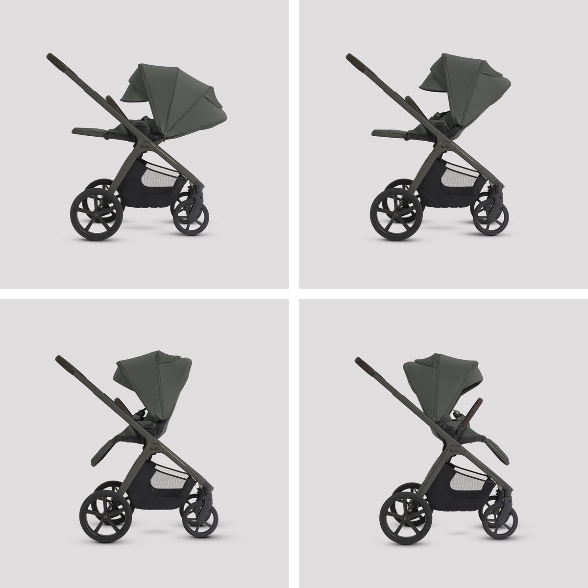 Silver Cross Cove 2 travel system in pewter green colour, complete with matching accessories and cybex cloud S car seat and isofix base.
