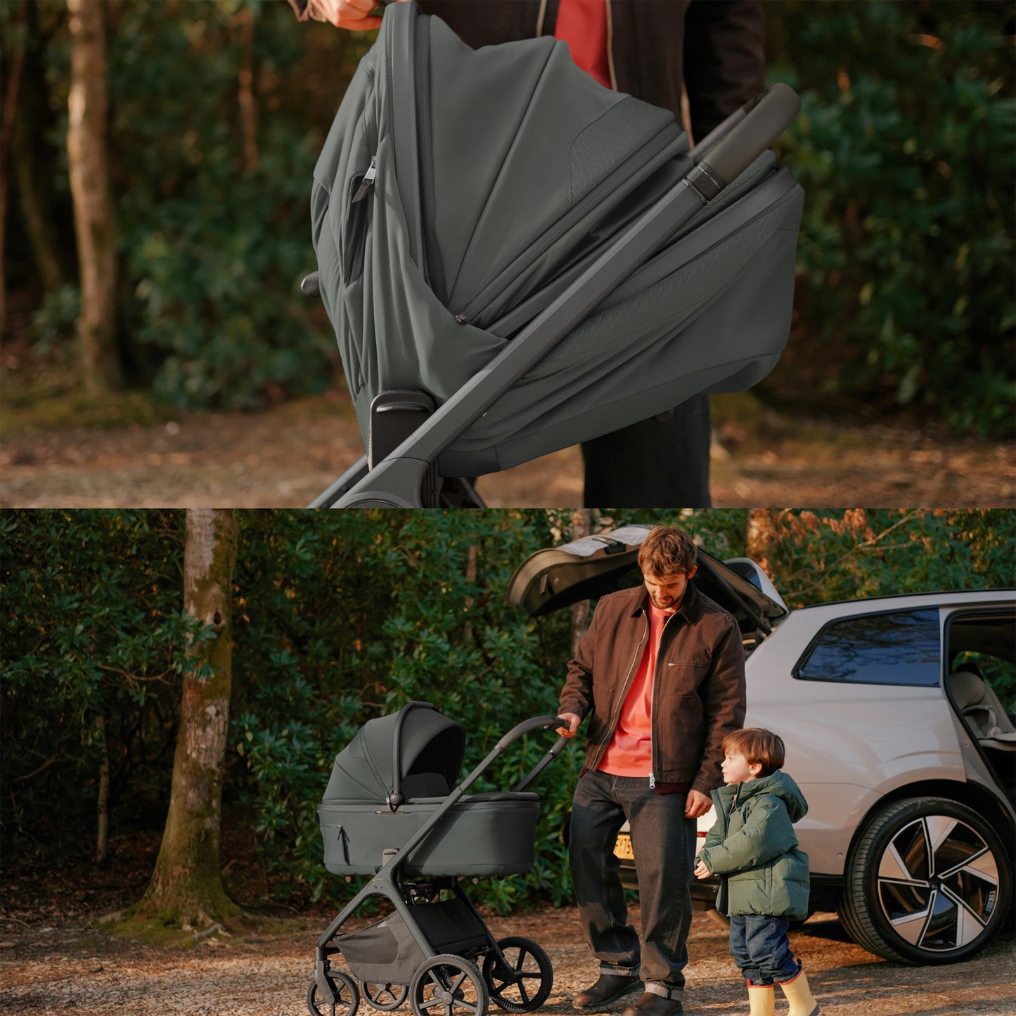 A multi-item silver cross cove 2 travel system set in dark olive green and black, displayed on white pedestals against a white background. The set includes a stroller, bassinet, car seat in black, infant seat, travel system cover, bassinet bag, car seat liner, and a brown backpack.