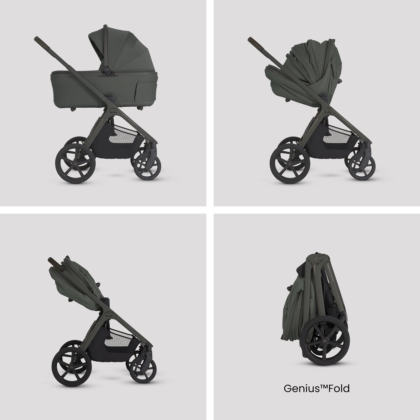 A multi-item silver cross cove 2 travel system set in dark olive green and black, displayed on white pedestals against a white background. The set includes a stroller, bassinet, car seat in black, infant seat, travel system cover, bassinet bag, car seat liner, and a brown backpack.