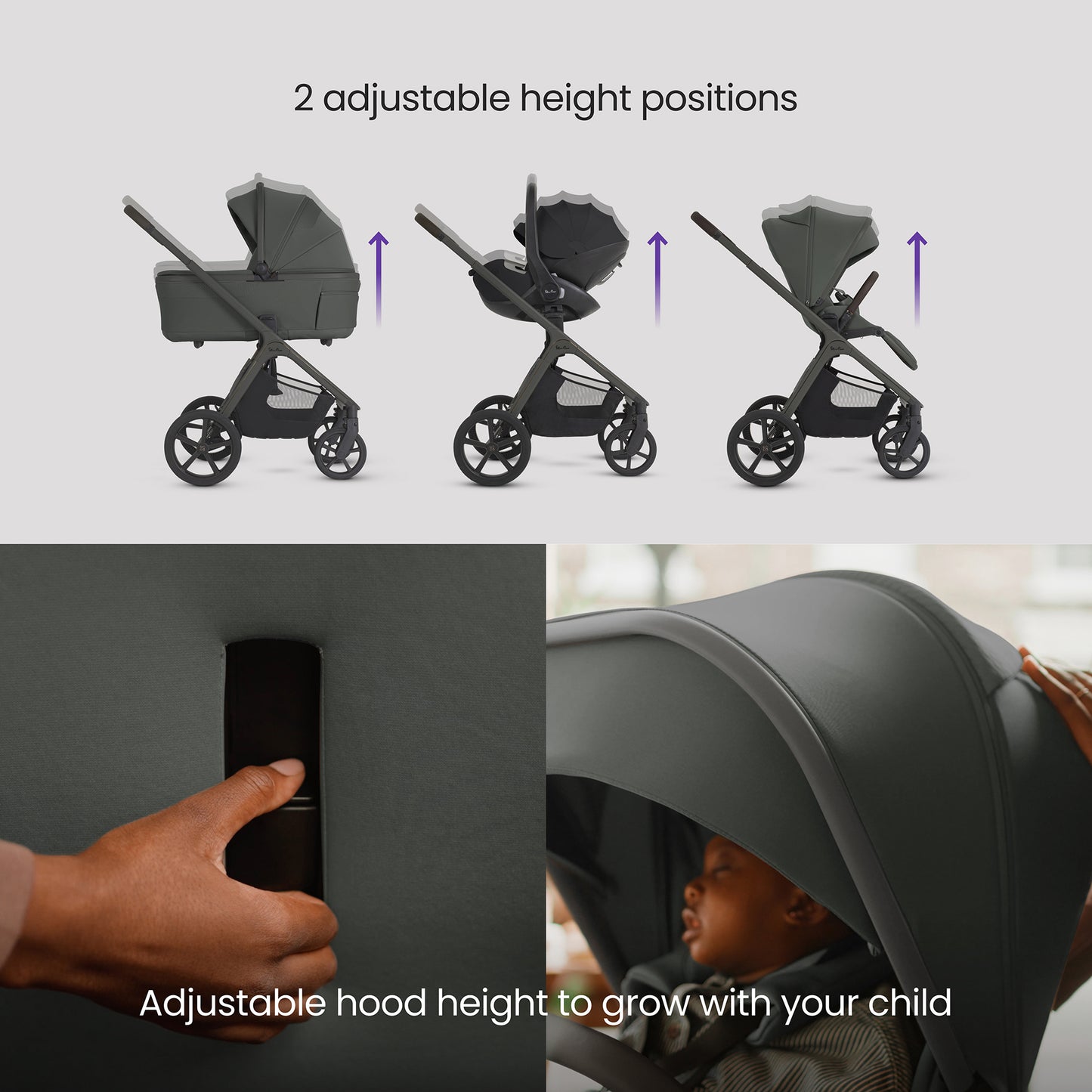 A multi-item silver cross cove 2 travel system set in dark olive green and black, displayed on white pedestals against a white background. The set includes a stroller, bassinet, car seat in black, infant seat, travel system cover, bassinet bag, car seat liner, and a brown backpack.