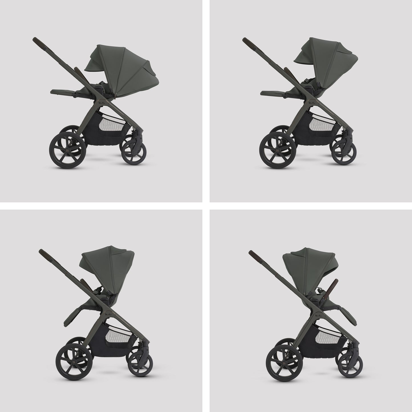 A multi-item silver cross cove 2 travel system set in dark olive green and black, displayed on white pedestals against a white background. The set includes a stroller, bassinet, car seat in black, infant seat, travel system cover, bassinet bag, car seat liner, and a brown backpack.