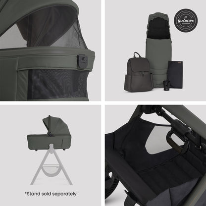 A multi-item silver cross cove 2 travel system set in dark olive green and black, displayed on white pedestals against a white background. The set includes a stroller, bassinet, car seat in black, infant seat, travel system cover, bassinet bag, car seat liner, and a brown backpack.
