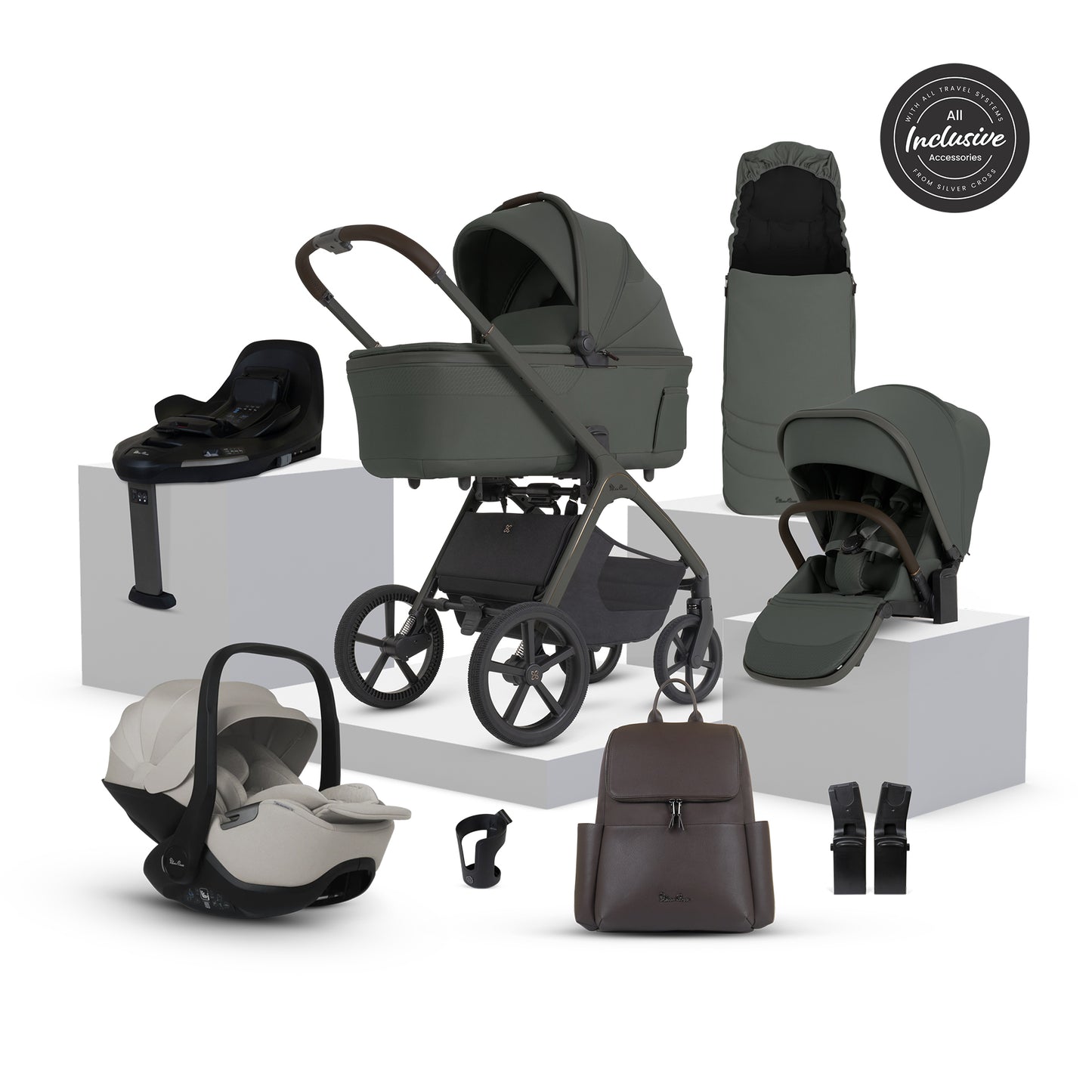 A multi-piece silver cross cove 2 travel system set in sage green, dark gray, and brown, displayed on white pedestals against a white background. The set includes a stroller, bassinet, car seat in taupe, infant car seat, footmuff, stroller cover, backpack, and accessories, with an 'All Inclusive Set' badge in the top right corner.