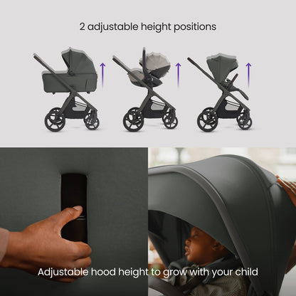 A multi-piece silver cross cove 2 travel system set in sage green, dark gray, and brown, displayed on white pedestals against a white background. The set includes a stroller, bassinet, car seat in taupe, infant car seat, footmuff, stroller cover, backpack, and accessories, with an 'All Inclusive Set' badge in the top right corner.