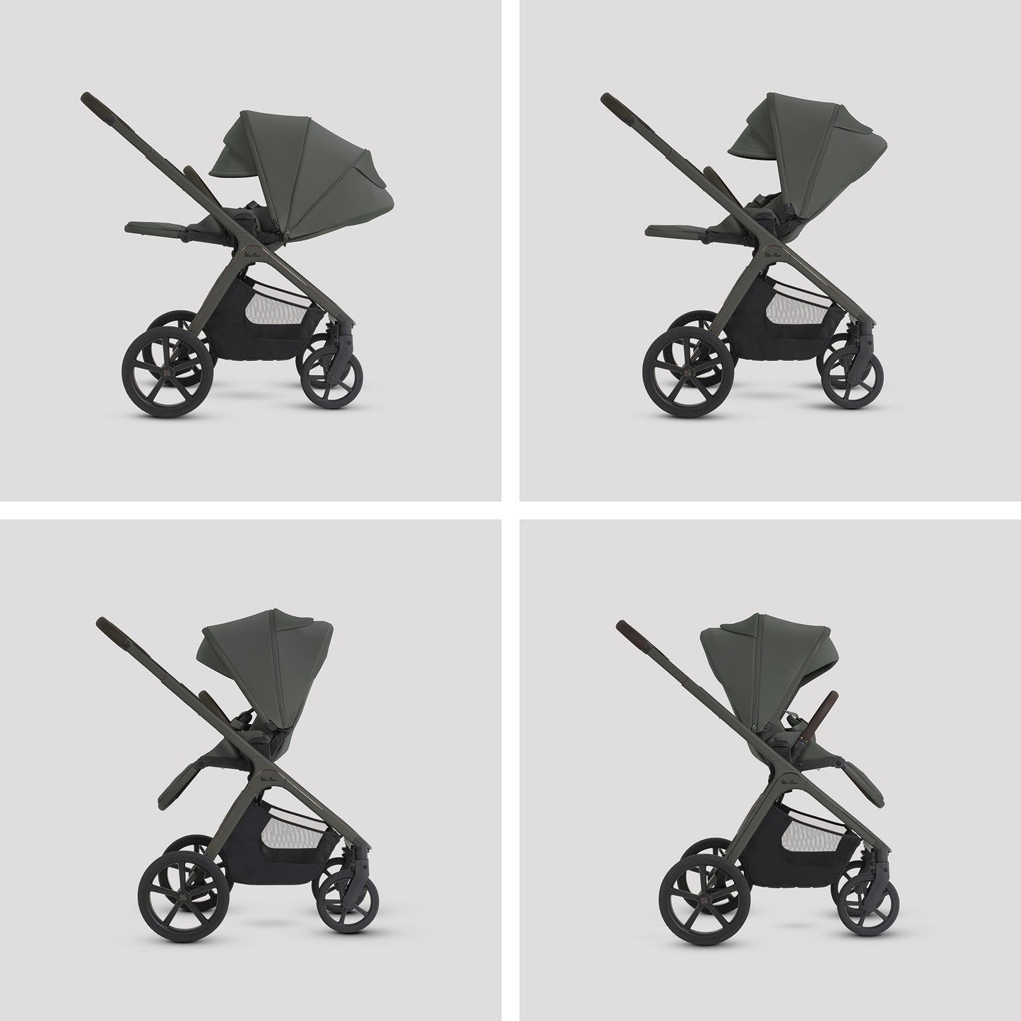 A multi-piece silver cross cove 2 travel system set in sage green, dark gray, and brown, displayed on white pedestals against a white background. The set includes a stroller, bassinet, car seat in taupe, infant car seat, footmuff, stroller cover, backpack, and accessories, with an 'All Inclusive Set' badge in the top right corner.
