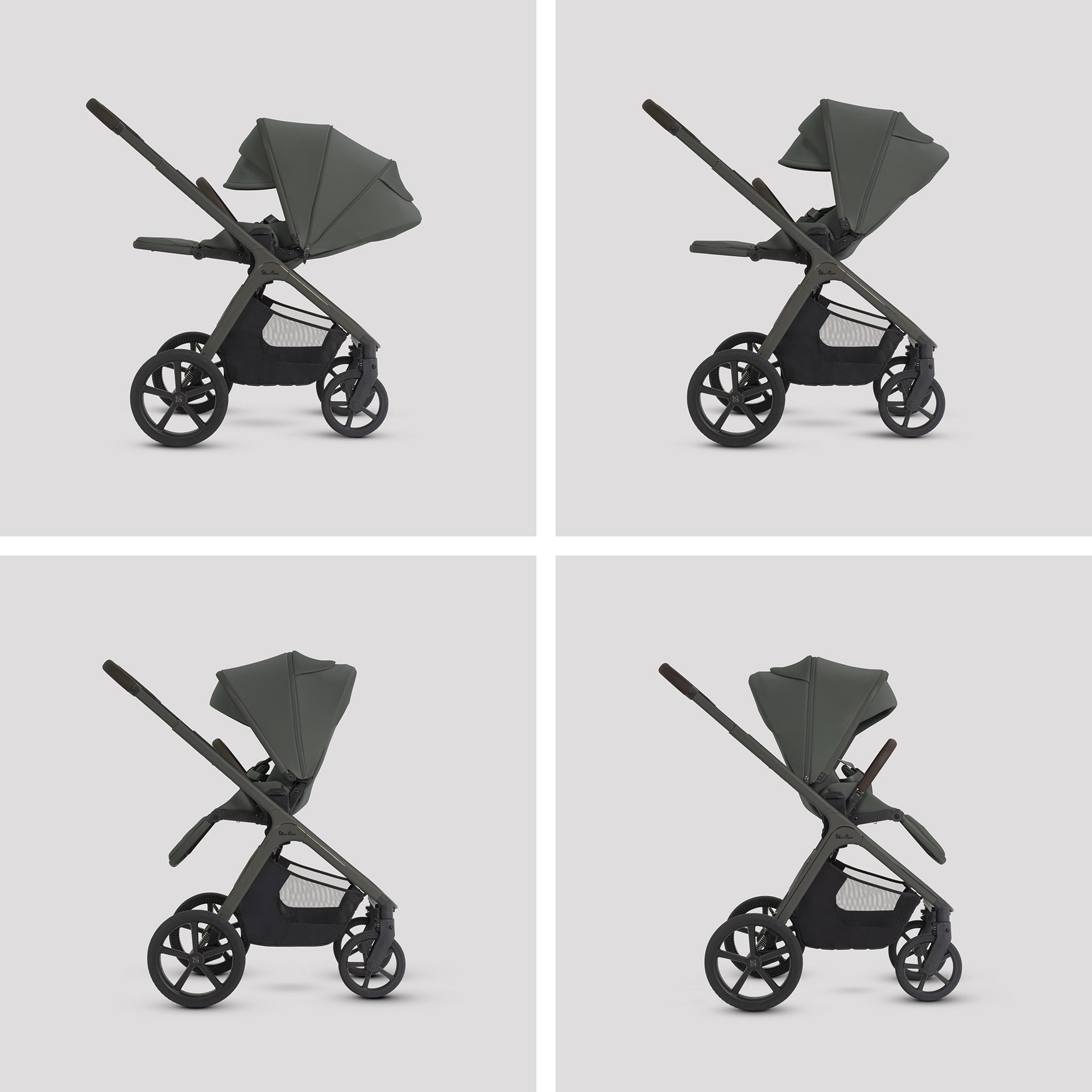 A multi-piece silver cross cove 2 travel system set in sage green, dark gray, and brown, displayed on white pedestals against a white background. The set includes a stroller, bassinet, car seat in taupe, infant car seat, footmuff, stroller cover, backpack, and accessories, with an 'All Inclusive Set' badge in the top right corner.
