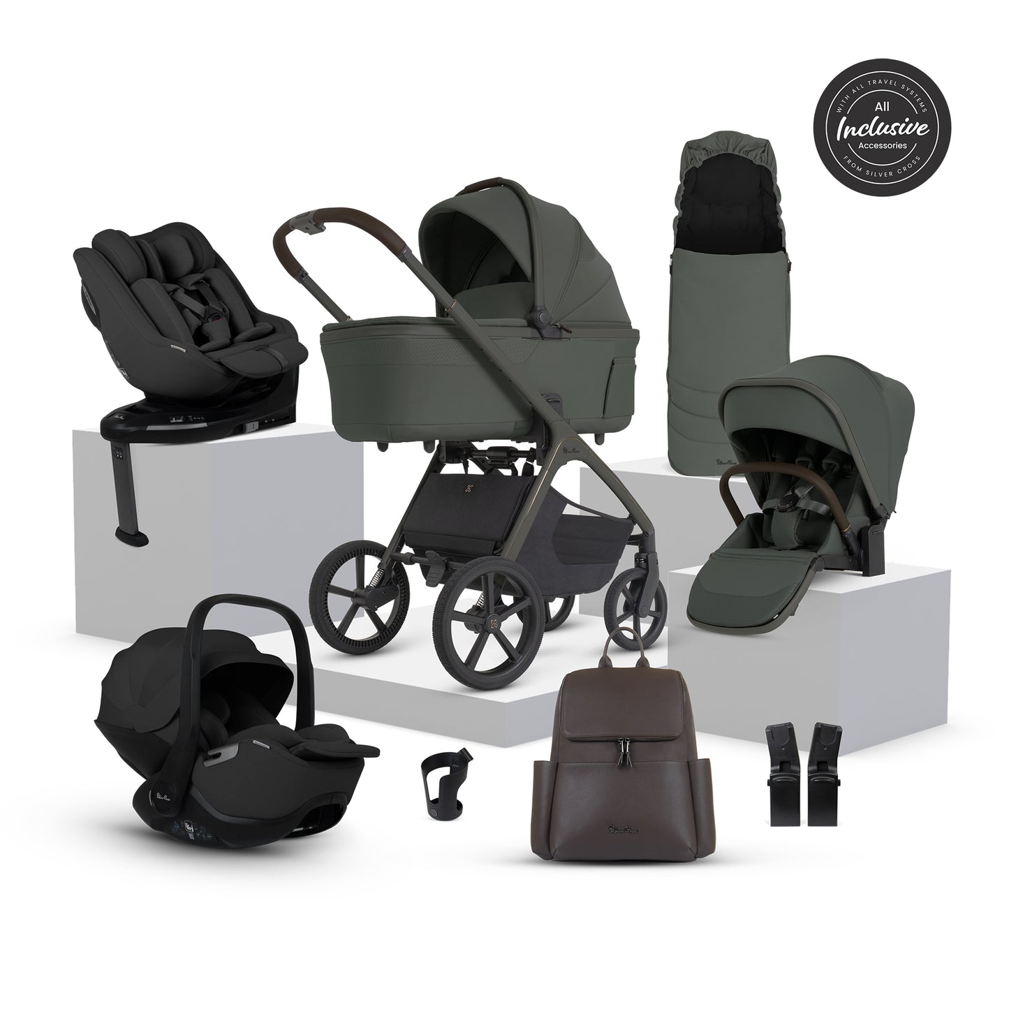 Silver cross cove 2 travel system in pewter green with next stage car seat in black.