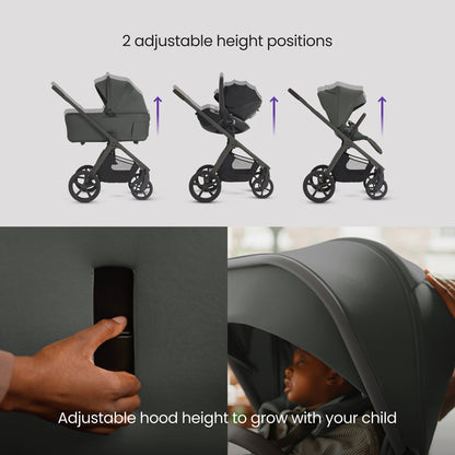 Silver cross cove 2 travel system in pewter green with next stage car seat in black.